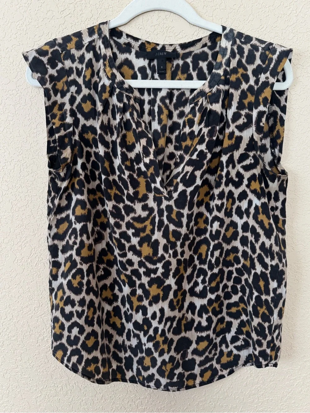 J.Crew Leopard Print 100% Silk V-Neck Cap-Sleeve Top, Size 8